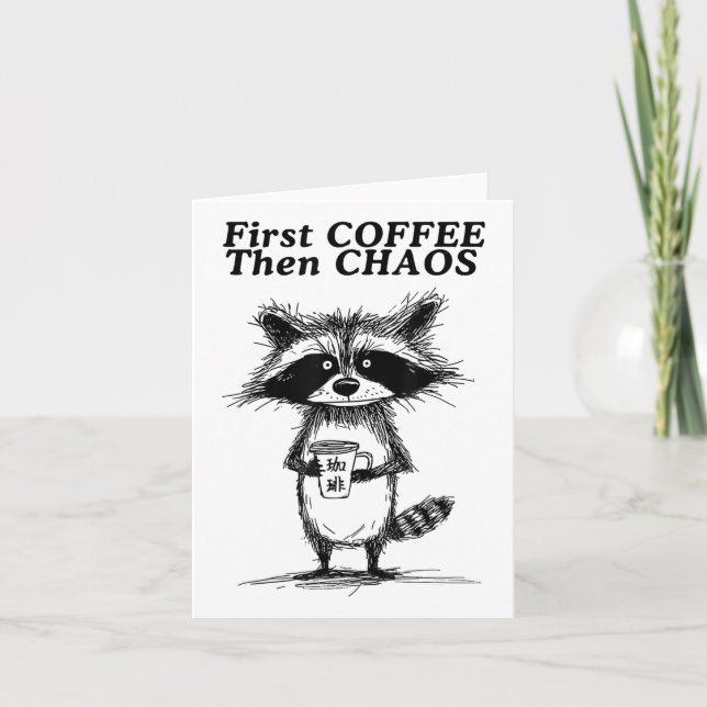 Första kaffet och Chaos Funny Raccoon _1 Kort (Framsida)