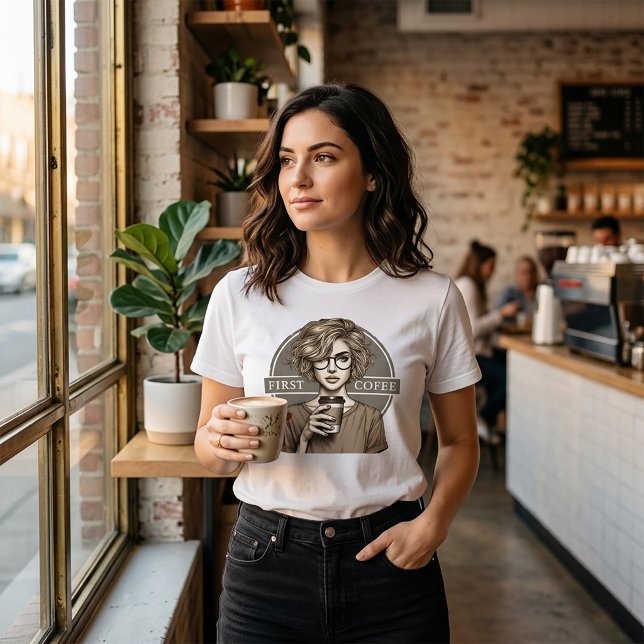 Första Kaffet Retro Skiss Konst T Shirt (Skapare uppladdad)