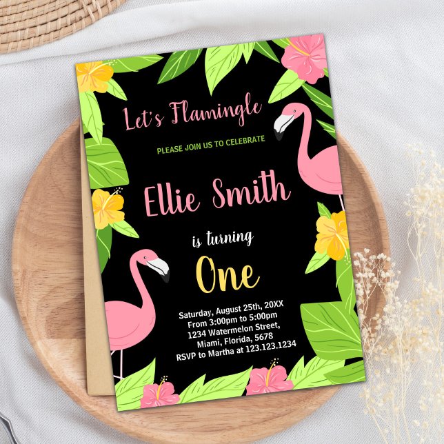 Första kallelse till svart Grönt - Flamingo-födels Inbjudningar (First Black Green Flamingo Birthday Invitations)