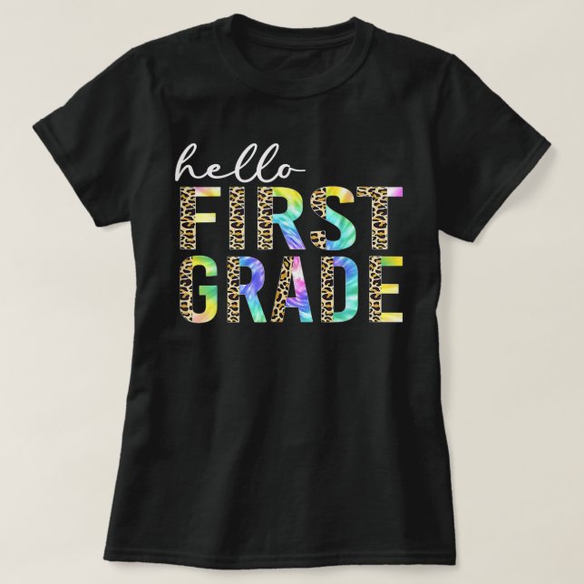 Första Klass Tröja för lärare, Tie Dye Leopard Hej (Design framsida)
