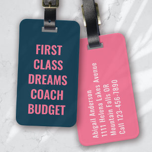 Första klassen Dreams Blue Rosa Typography Funny Bagagebricka