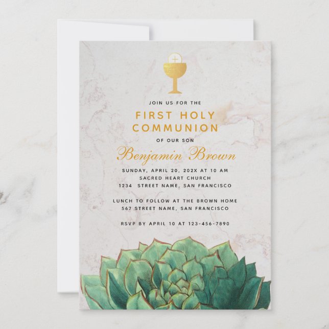 Första kommunen Botaniskt succulent Guld Chalice Inbjudningar (Framsida)