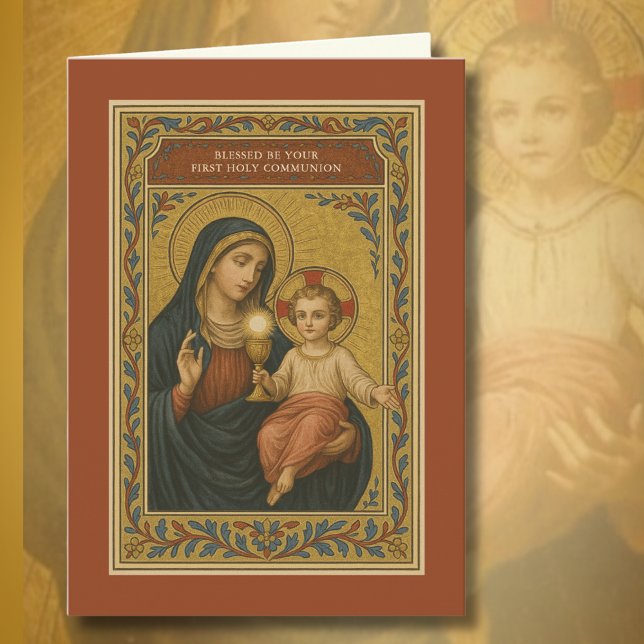 Första kommunen Eucharist Mary Jesus Helgkort (Skapare uppladdad)