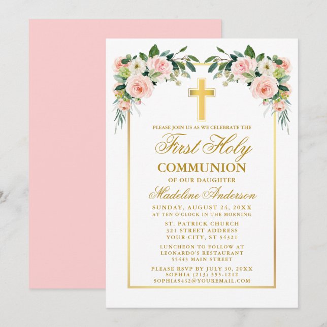 Första kommunen Guld Watercolor Rosa  Blommigt Inbjudningar (Fram/baksida)