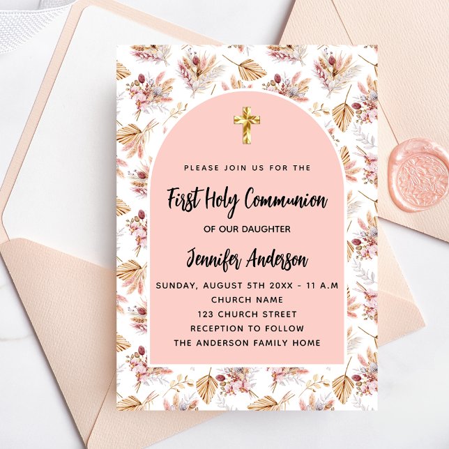 Första kommunens pampas blommor ro guld rosa flick inbjudningar (Skapare uppladdad)