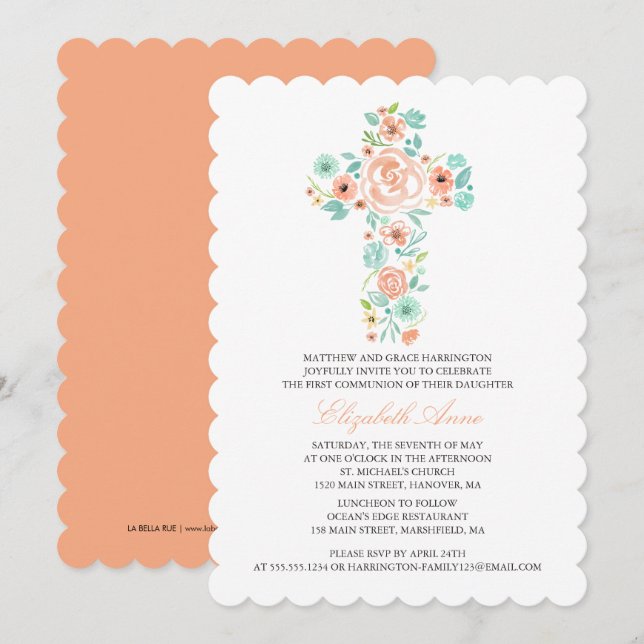 Första kommunens Peach Watercolor Blommigt Kor Inbjudningar (Fram/baksida)