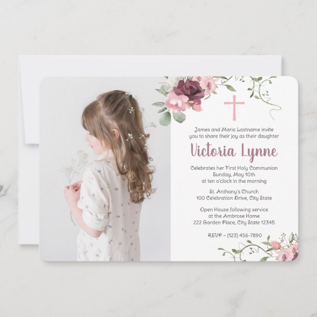 Första kommunens Soft Rosa-Blommigt med Photo Inbjudningar (Framsida)