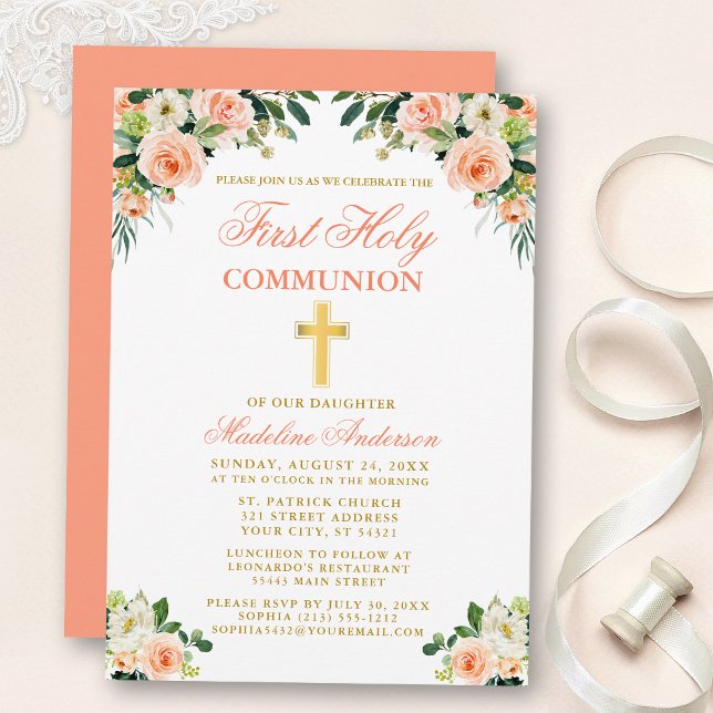 Första kommunens vattenfärgspersika (vit Blommigt) Inbjudningar (Customize to change text color, style, add text & photos to back or change color of back of card.)