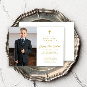 Första kommunfacket Guld White Minimalist Boy Phot Inbjudningar