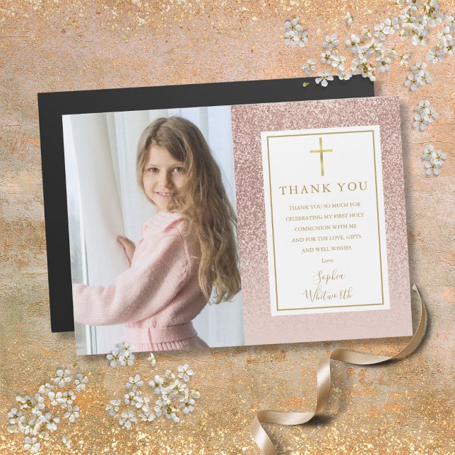 Första kommunfullmäktige Ro Guld Glitter Photo Tac (First Communion Rose Gold Glitter Photo Thank You)
