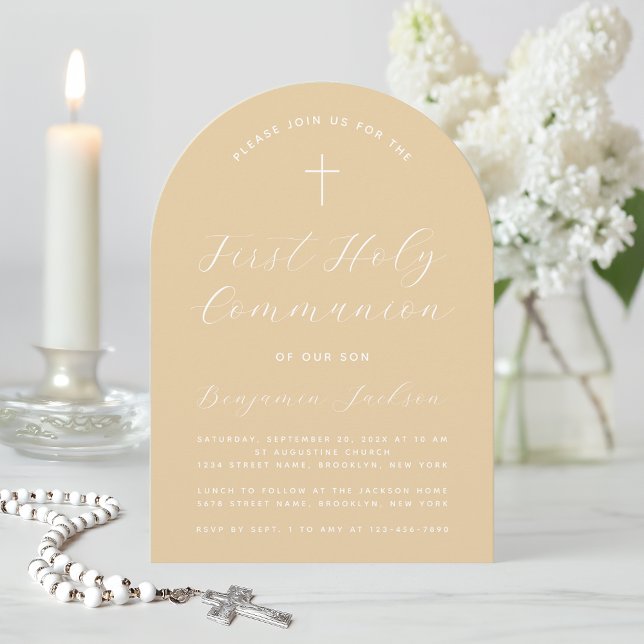 Första kommunion båge Beige Enkel modern handskrif Inbjudningar (Skapare uppladdad)