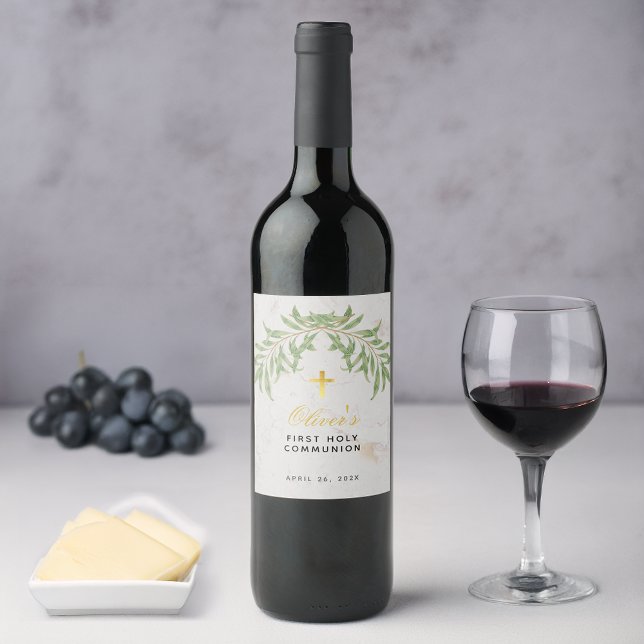 Första kommunion bladverk falskt guld kors marmor vinflaska etikett (Skapare uppladdad)