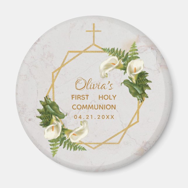 Första Kommunion Blommor Kallaliljor Guld Marmor Magnet (Framsidan)