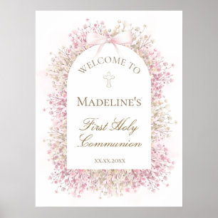 Första kommunion blomster välkomst poster