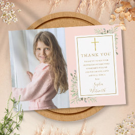 Första kommunion Blush Rosa Grönska Foto Tack Kort