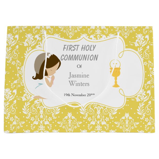 Första kommunion Brunett flicka Guld Damask (Framsidan)