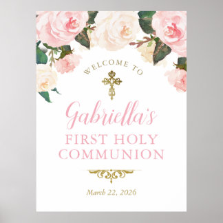 Första kommunion & dop, rosa blommig guld poster