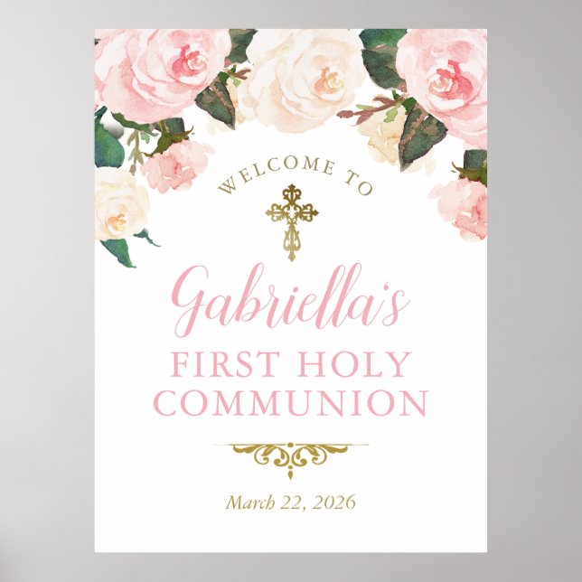 Första kommunion & dop, rosa blommig guld poster (Framsidan)
