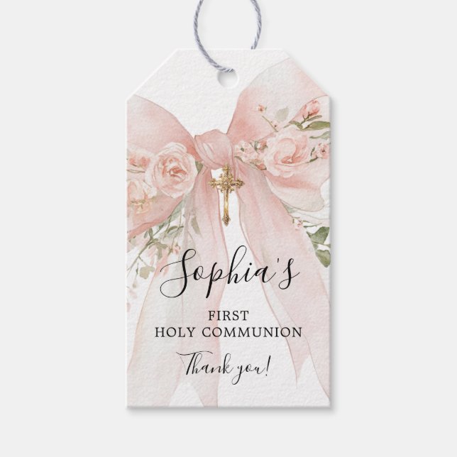 Första kommunion flicka rosa rosett rosor tack presentetikett (Framsidan)