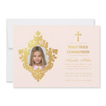 Första Kommunion Flickfoto Elegant Rosa Falskt Gul