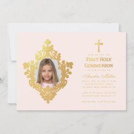 Första Kommunion Flickfoto Elegant Rosa Falskt Gul Inbjudningar