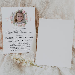 Första kommunion foto Rosa ros Blommig Inbjudningar
