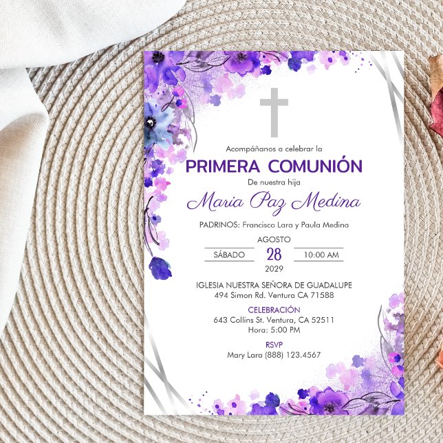 Första kommunion Invitation Söta Lila Blommor Inbjudningar (Skapare uppladdad)