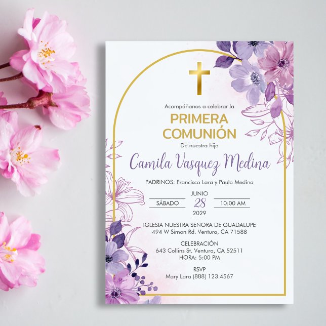 Första kommunion Invitation Söta Lila Blommor Inbjudningar (Skapare uppladdad)