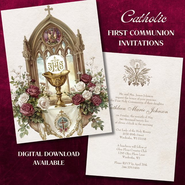 Första kommunion Kalk Host Burgundervita rosor  Inbjudningar (Skapare uppladdad)
