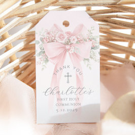 Första kommunion Kors Rosa Slöja Tack Presentetikett