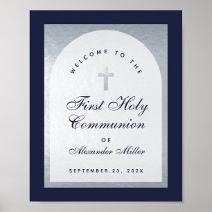 Första kommunion marinblå silverbåge välkommen poster