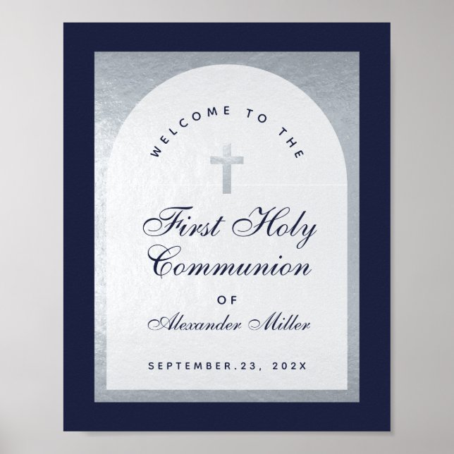 Första kommunion marinblå silverbåge välkommen poster (Framsidan)