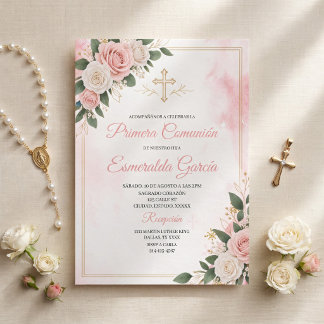Första kommunion Rosa Blomma Ros kristen Inbjudningar