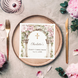 Första kommunion Rosa Blommor Båge Kors Lunchen Pappersservett