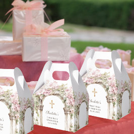 Första kommunion Rosa Blommor Båge Kors Presentaskar