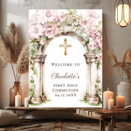 Första kommunion Rosa Blommor Båge Kors Välkommen Poster