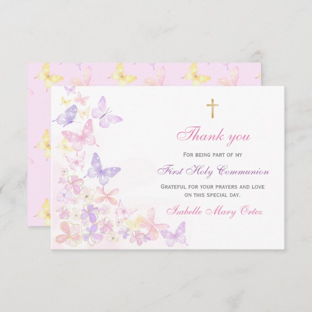 Första kommunion Rosa Fjärilsflicka Tack (Fram/baksida)
