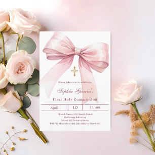 Första kommunion rosa flicka med rosett inbjudningar