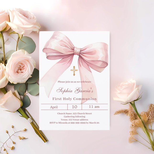 Första kommunion rosa flicka med rosett inbjudningar (Skapare uppladdad)