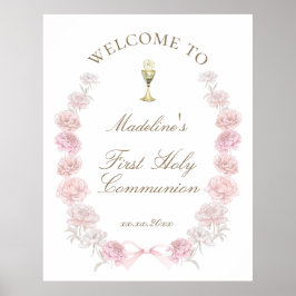 Första kommunion rosa peonior välkommen poster