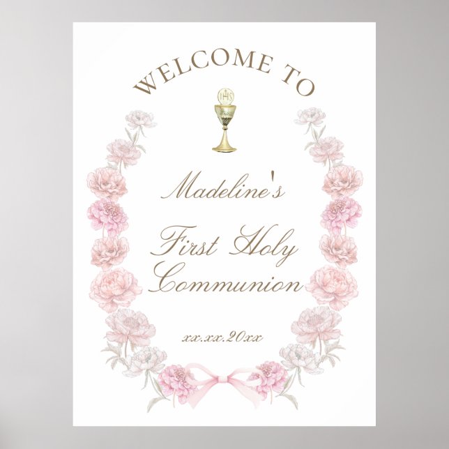 Första kommunion rosa peonior välkommen poster (Framsidan)