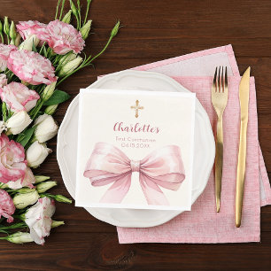 Första kommunion rosa rosett krämkors lunch pappersservett