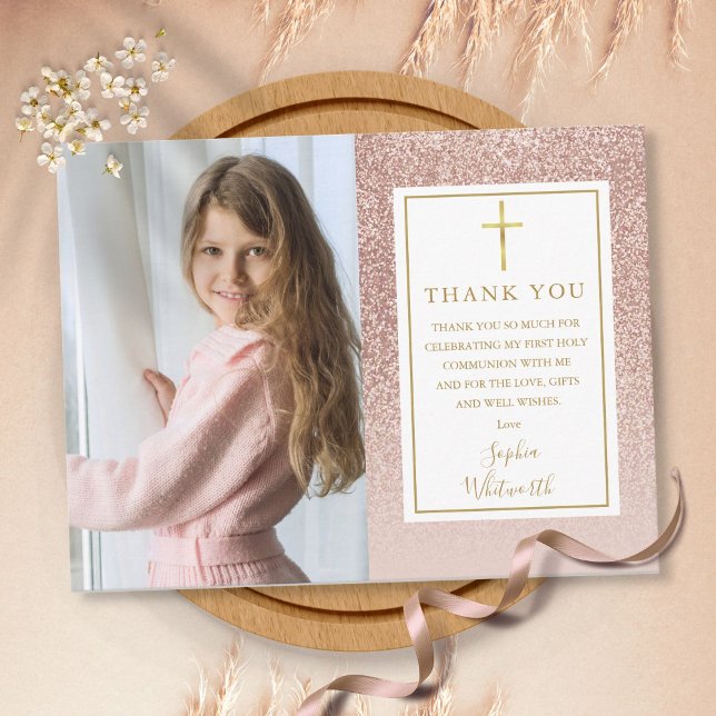 Första kommunion Rose Guld Glitter Foto Tack Vykort (Skapare uppladdad)