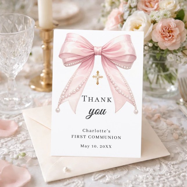 Första kommunion rosett rosa pärlor guldkors tack kort (Skapare uppladdad)