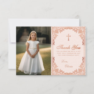 Första Kommunion Vintage Rosa Roséguld Flickfoto Tack Kort