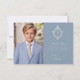 Första Kommunionen Dammt Blå Elegant Pojke Foto Va Tack Kort