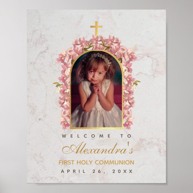Första Kommunionen Foto Rosa Orkidéer Valv Välkomm Poster (Framsidan)
