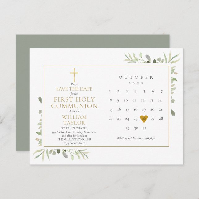 Första kommunionen grönska spara datum meddelande vykort (Fram/baksida)