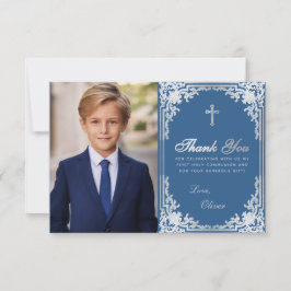 Första Kommunionen Klassisk Blå Pojke Foto Vintage Tack Kort