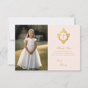 Första Kommunionen Rosa Guld Elegant Flickfoto Cre Tack Kort